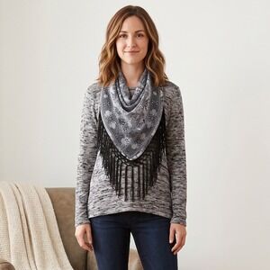 One World Fringe Scarf Top Womens Medium Gray Marled‎ Knit Boho Paisley Pullover